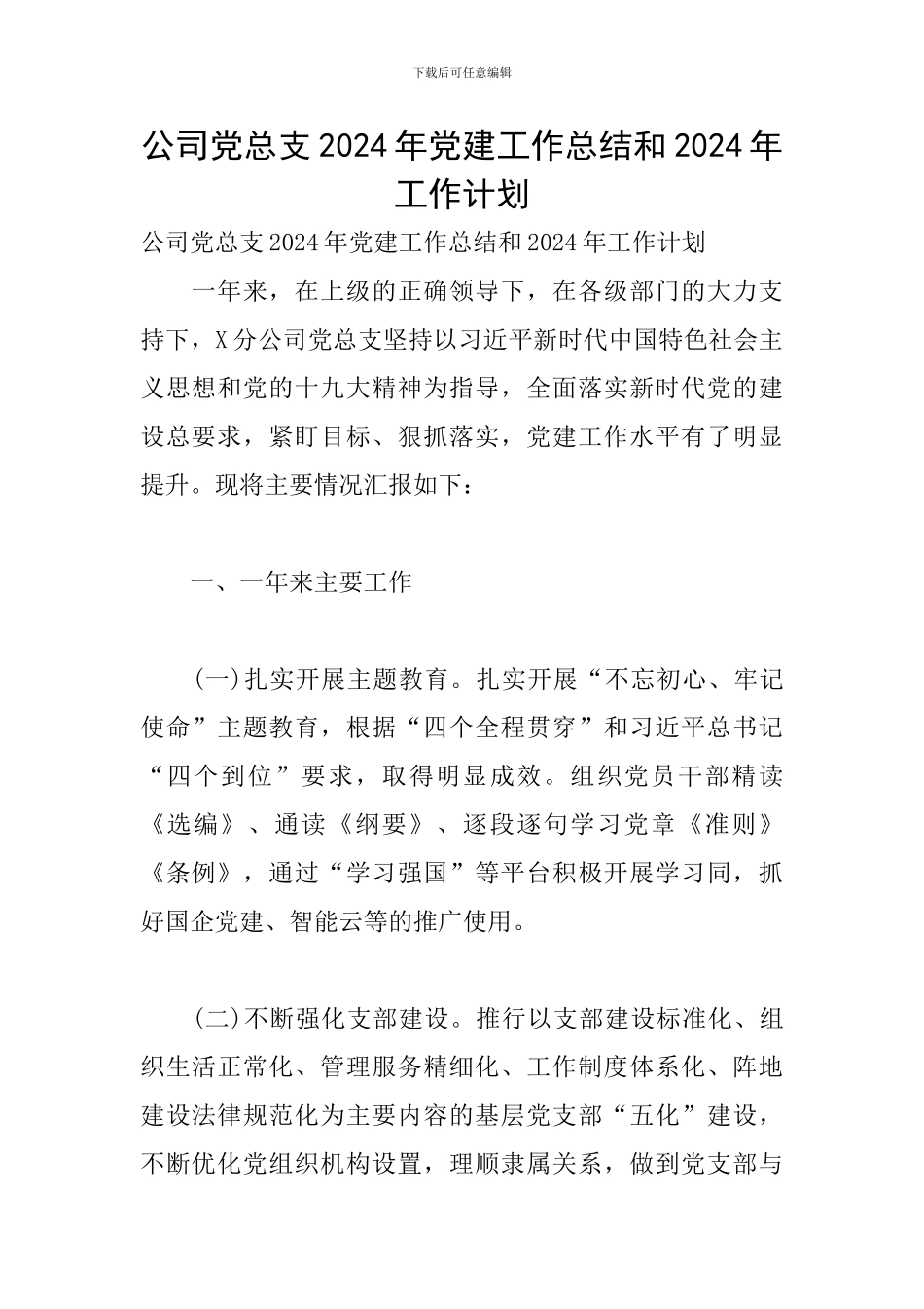 公司党总支2024年党建工作总结和2024年工作计划_第1页