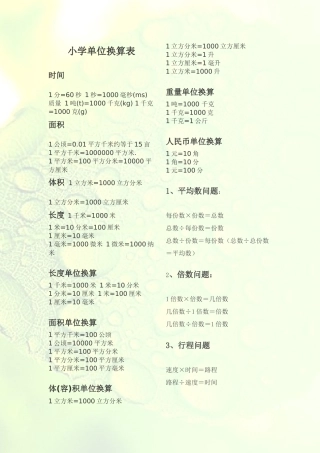 小学单位换算表
