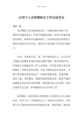 公司个人试用期转正工作总结开头