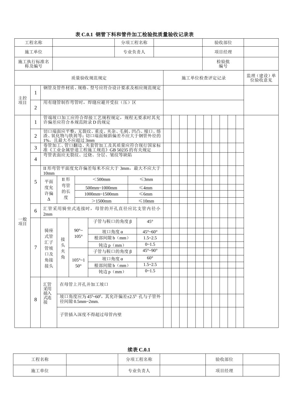 SY4203-2016站内工艺管道工程-检验批表格_第1页
