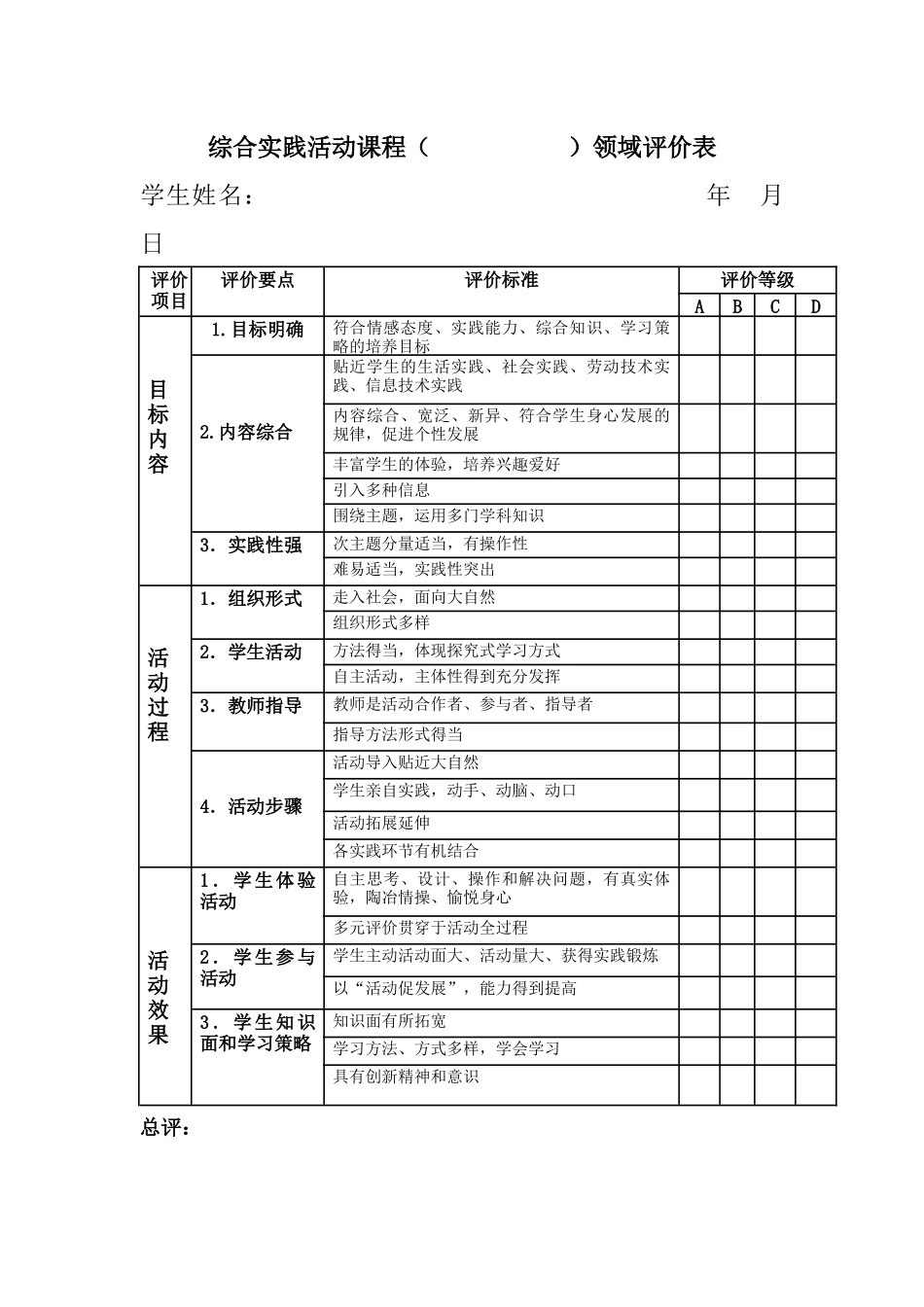 综合实践活动课程评价表_第1页
