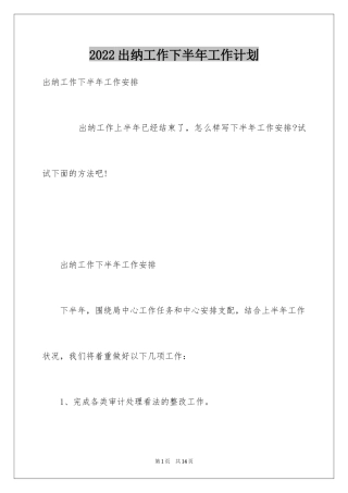 2024出纳工作下半年工作计划
