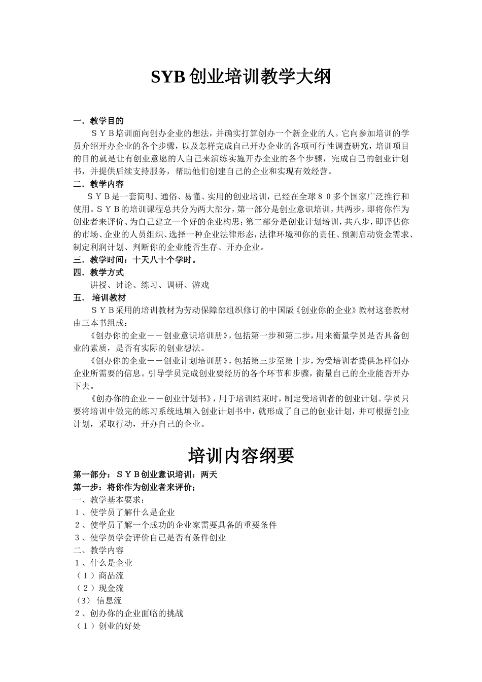 SYB创业培训教学大纲_第1页
