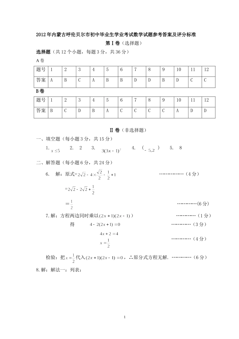 2012年呼伦贝尔市初中学业考试数学题答案_第1页