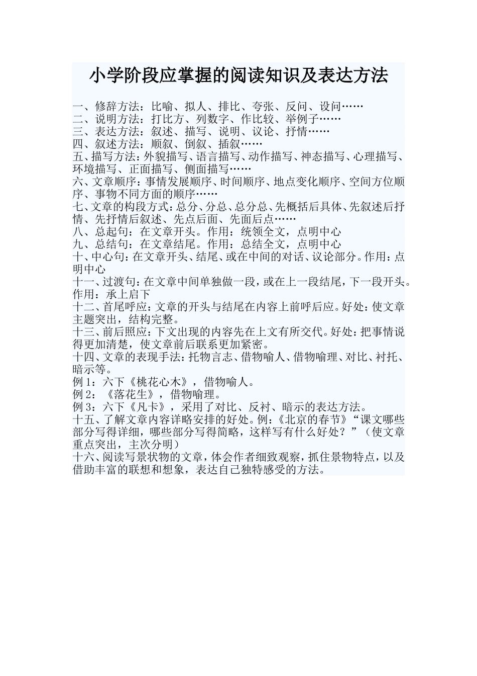 小学阶段应掌握的阅读知识及表达方法_第1页