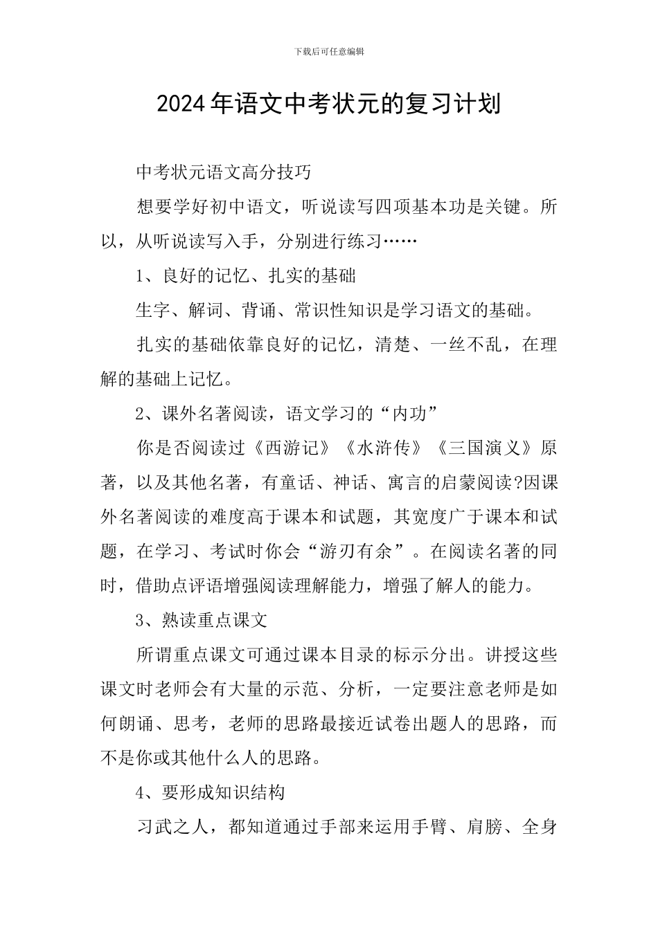 2024年语文中考状元的复习计划_第1页