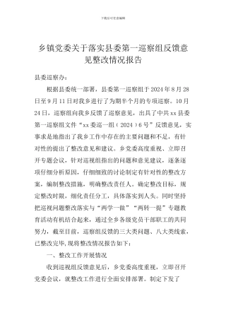 乡镇党委关于落实县委第一巡察组反馈意见整改情况报告