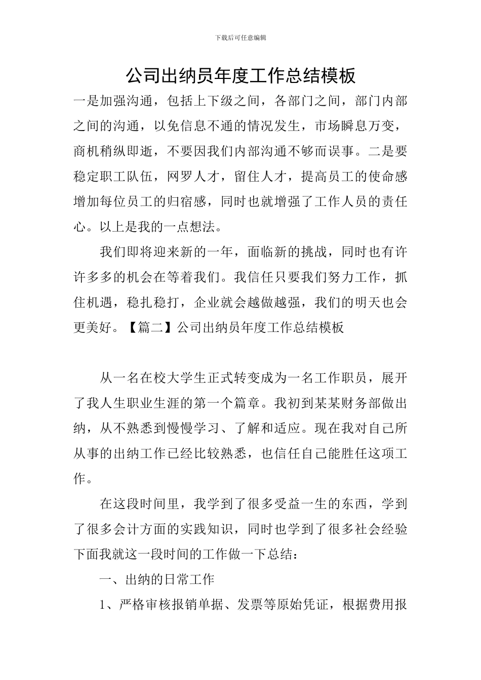 公司出纳员年度工作总结模板_第1页