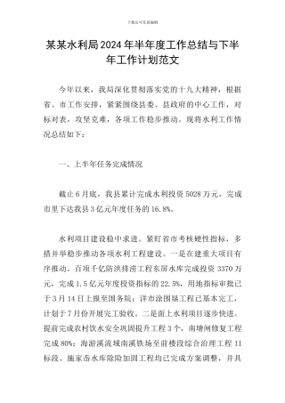 某某水利局2024年半年度工作总结与下半年工作计划范文