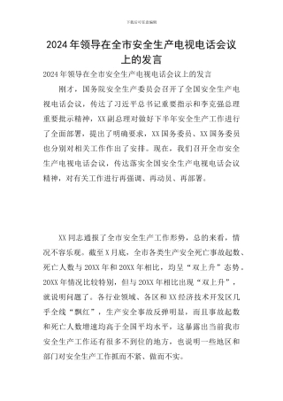 2024年领导在全市安全生产电视电话会议上的发言