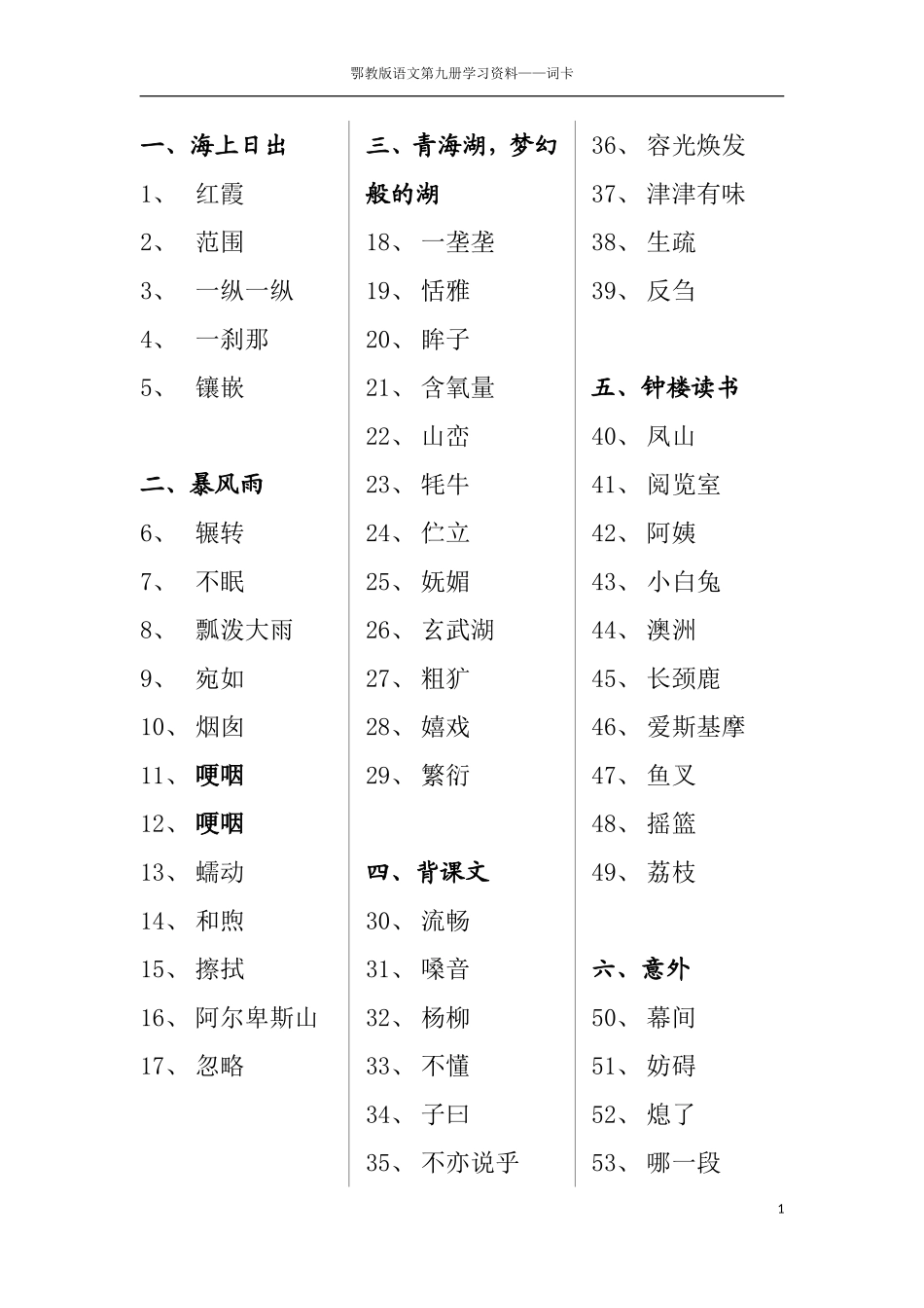 鄂教语文第10册学习资料——词卡_第1页