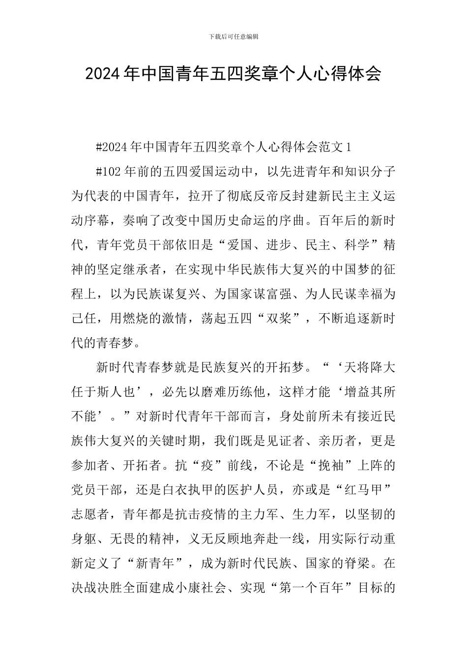 2024年中国青年五四奖章个人心得体会_第1页