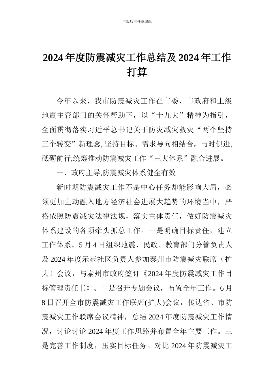 2024年度防震减灾工作总结及2024年工作打算_第1页