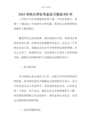 2024专科大学生毕业实习报告800字