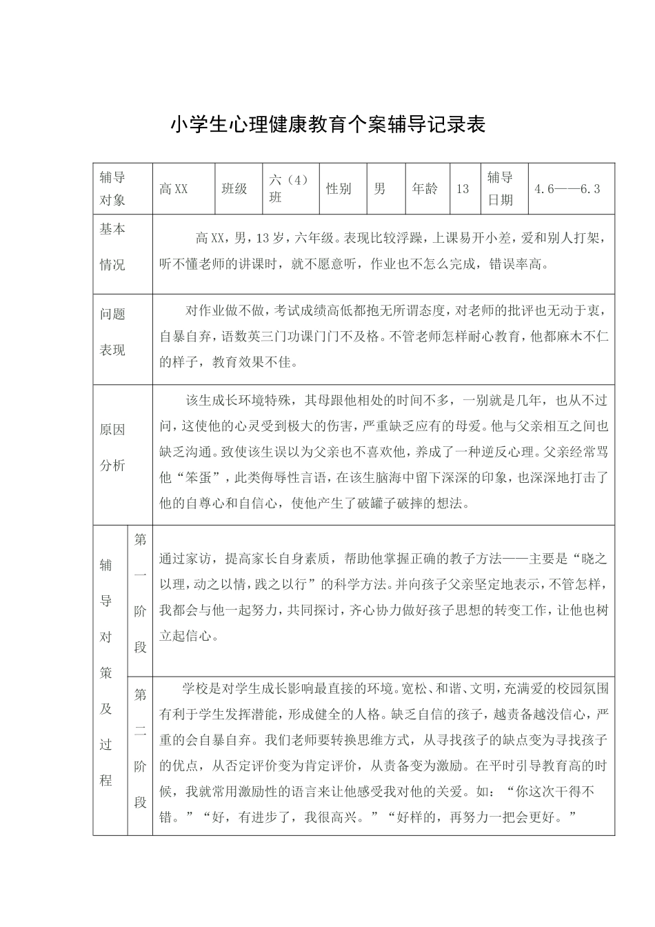 小学生心理健康教育个案辅导记录表_第1页