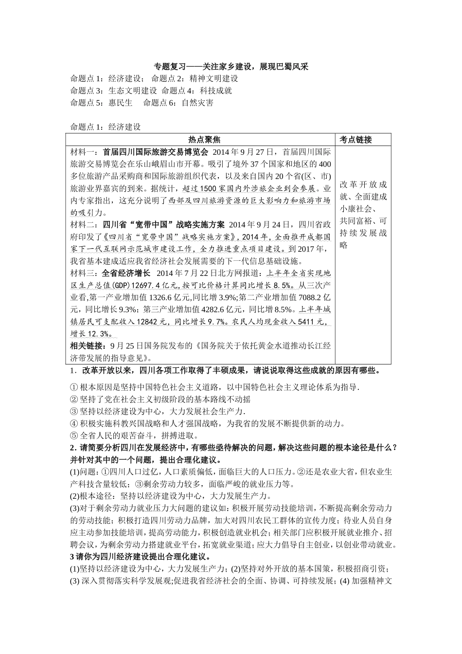 专题复习关注家乡建设，展现巴蜀风采_第1页