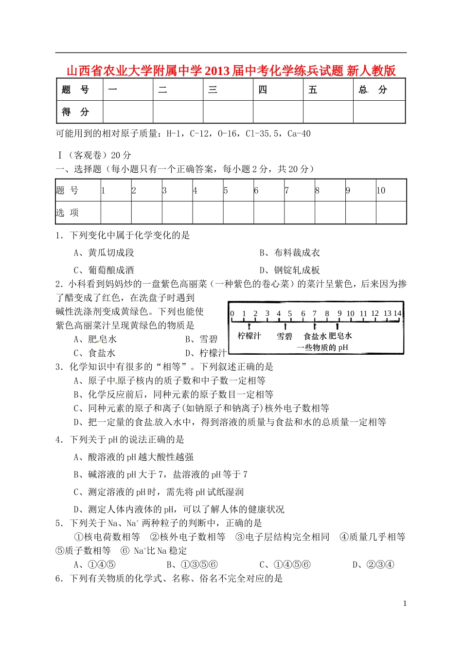 山西省农业大学附属中学2013届中考化学练兵试题-新人教版_第1页