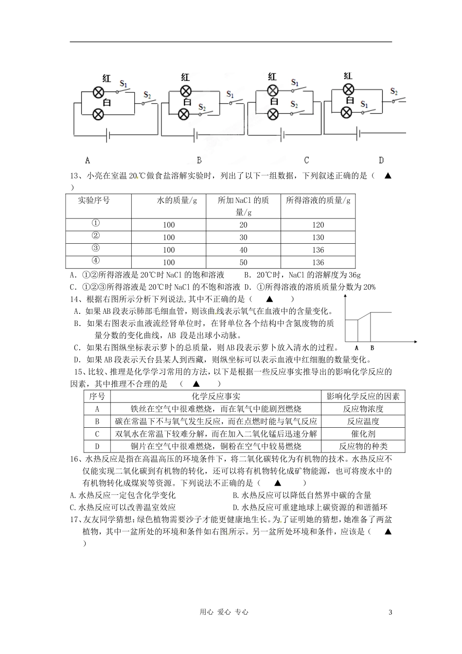 浙江省天台县赤城中学2012届中考科学模拟考试试题-浙教版_第3页
