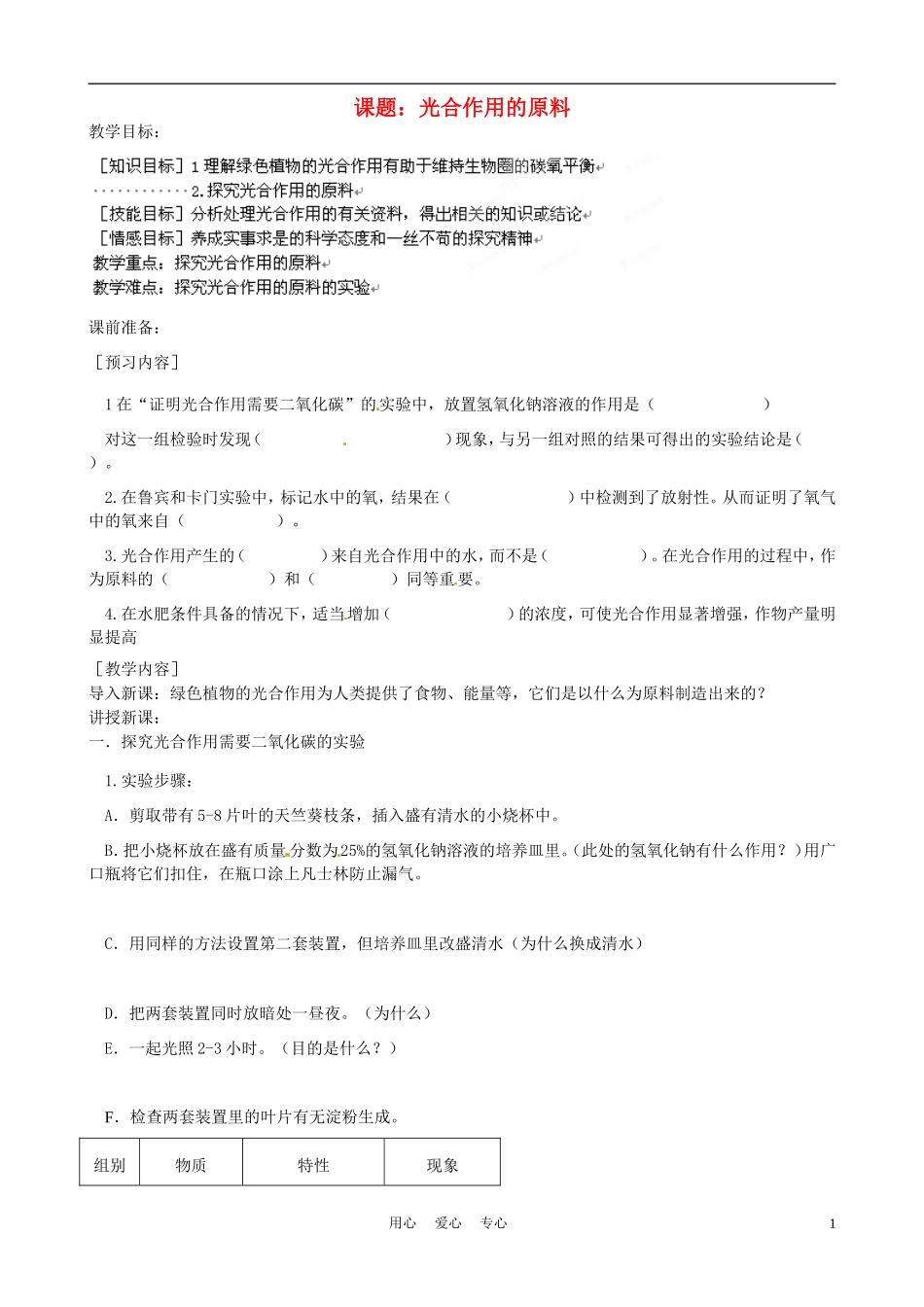 河北省唐山十六中八年级生物-光合作用的原料教案-人教新课标版_第1页