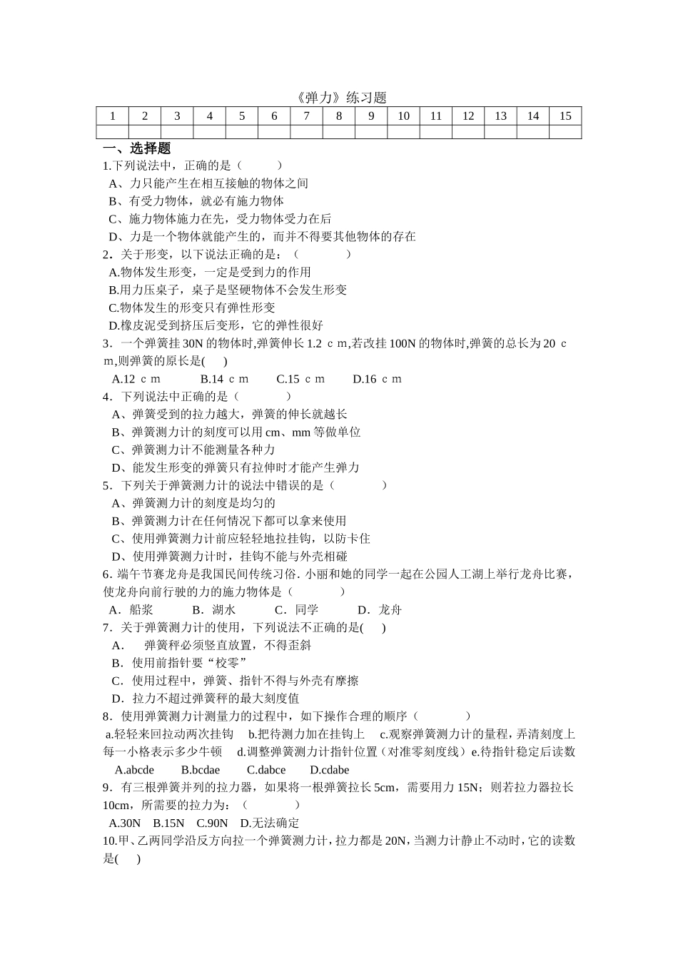 弹力、弹簧测力计练习题1_第1页