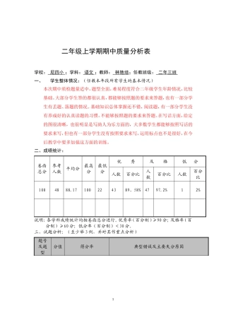 二年三班上学期期中质量分析表