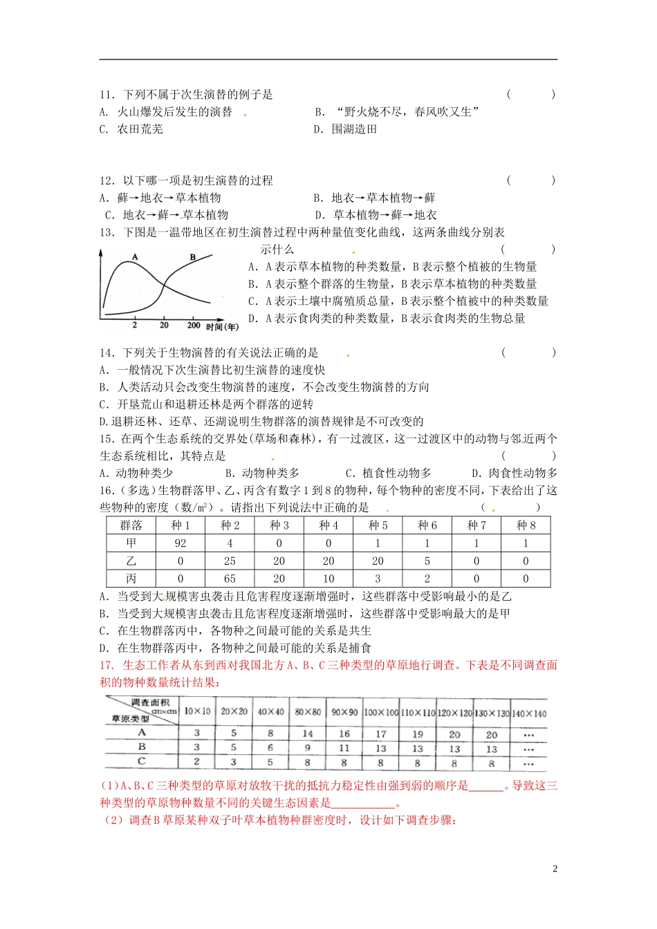 江苏省宿迁市沭阳县修远中学高中生物《4.3-群落的结构及演替1》同步练习题-新人教版必修3_第2页