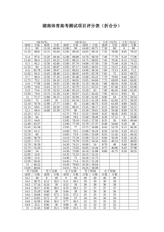 湖南体育高考测试项目评分表