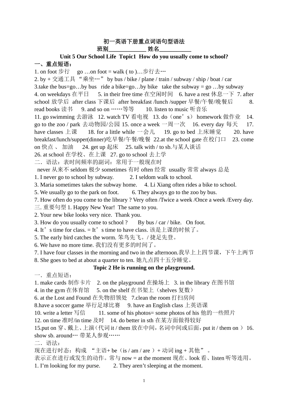 初一英语下册重点词语句型语法_第1页