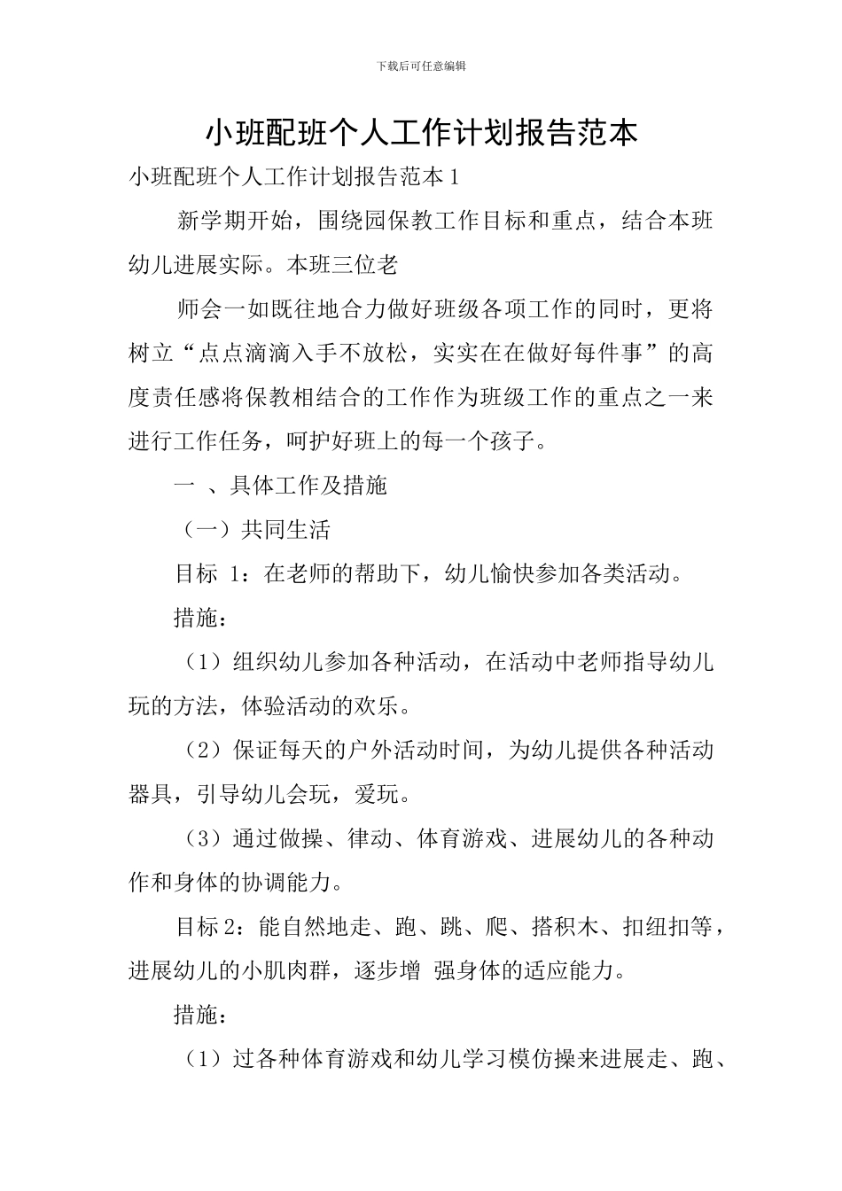 小班配班个人工作计划报告范本_第1页