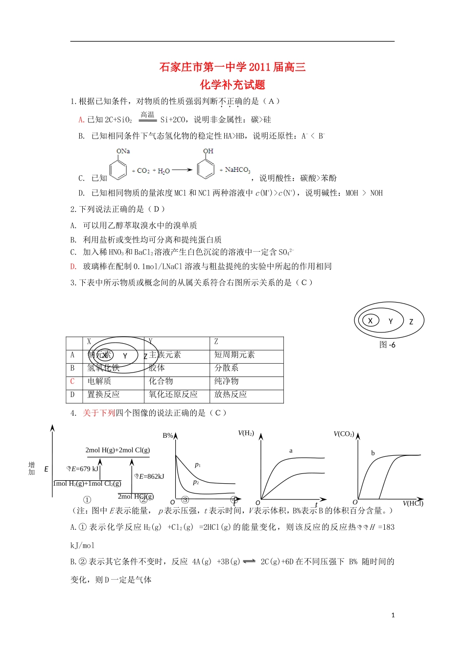 河北省石家庄市第一中学2011届高三化学补充试题新人教版_第1页