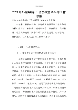2024年X县供销社工作总结暨2024年工作思路
