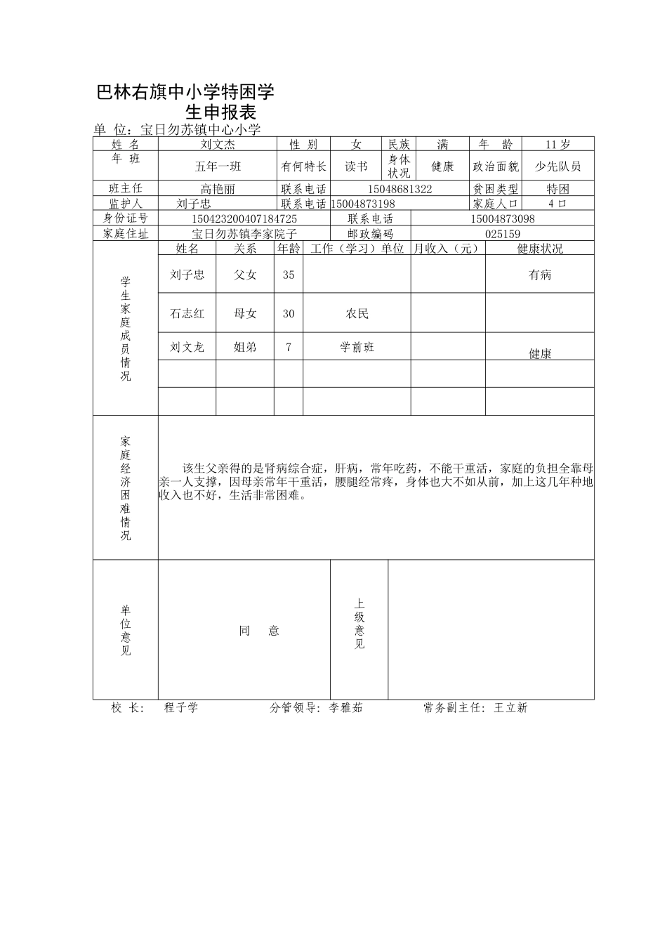 巴林右旗中小学特困学生申报表。刘文杰_第1页