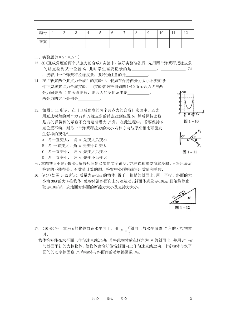 河北省唐山市丰南一中2012届高三物理一轮单元检测题(一)-力、物体平衡_第3页
