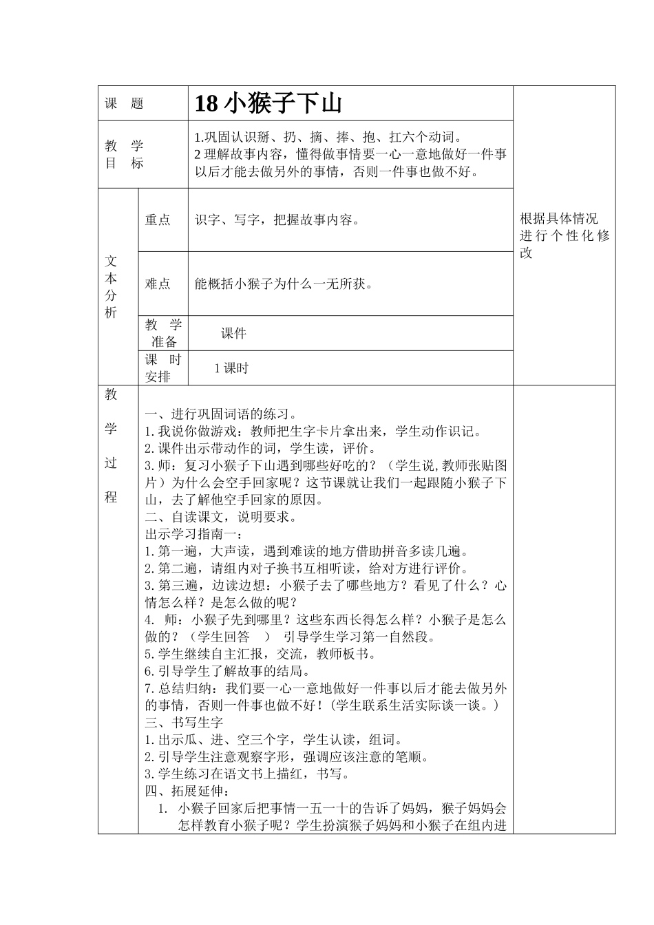 (部编)人教语文2011课标版一年级下册《小猴子下山》教学设计-(8)_第1页
