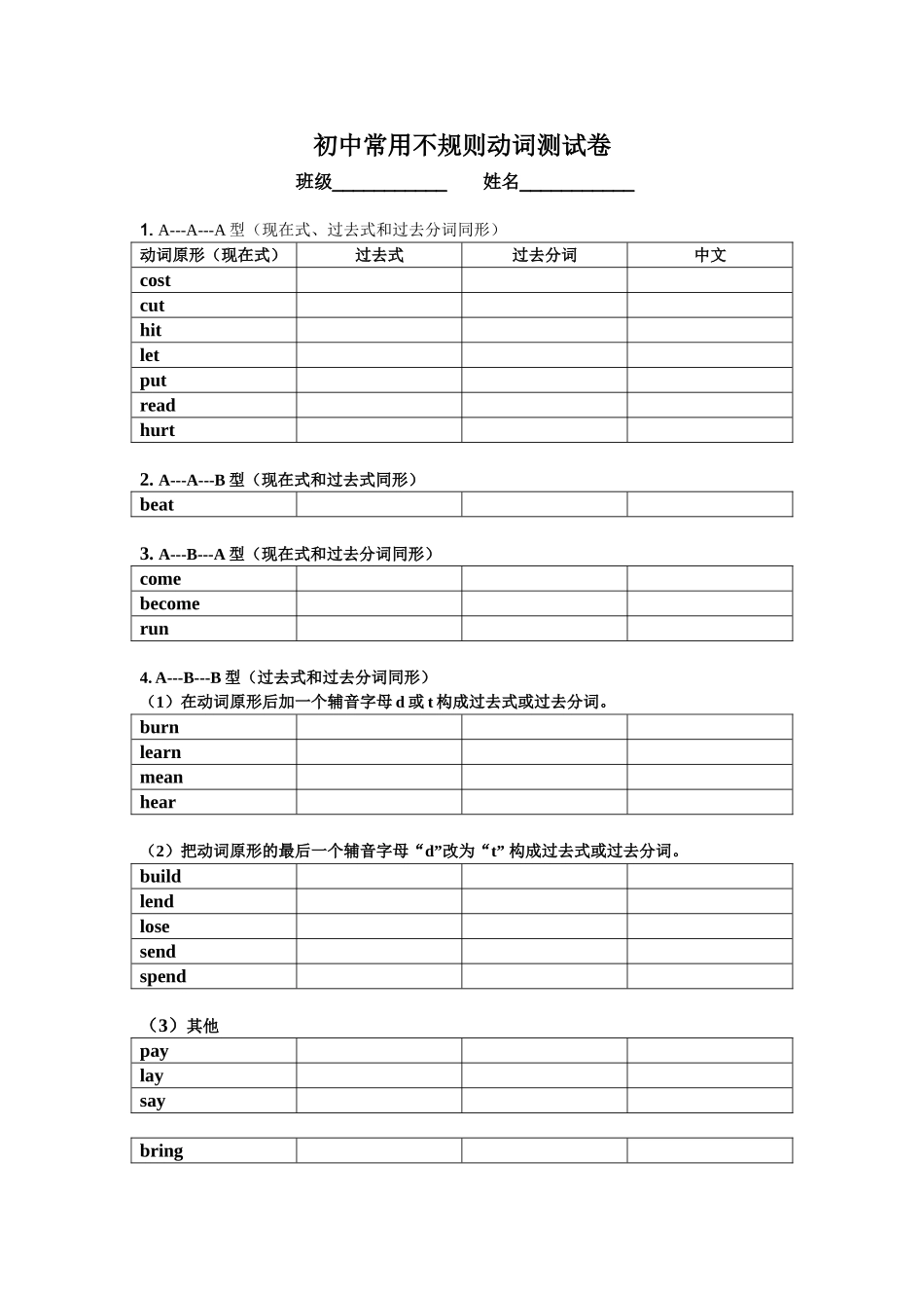 初中英语常用不规则动词练习_第1页