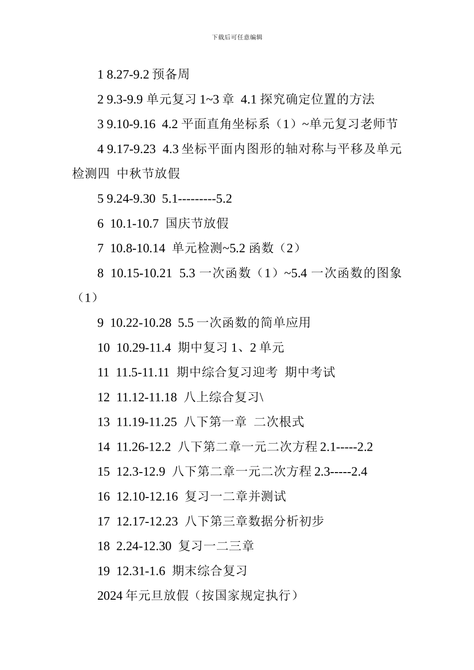 八年级数学2024—2024学年度第一学期教学工作计划_第3页