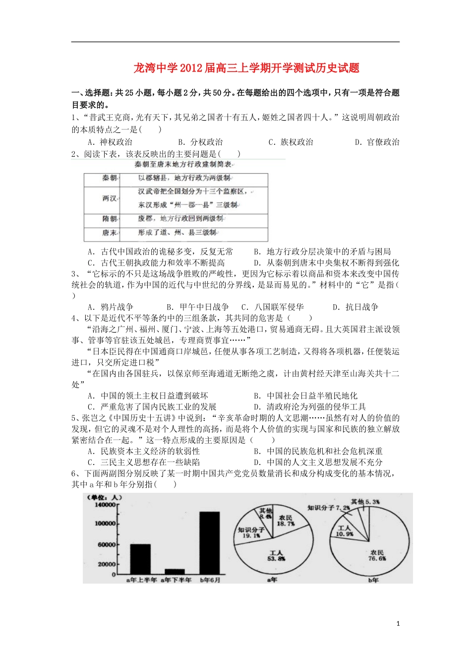 浙江省永昌镇2012届高三历史上学期开学测试人民版_第1页