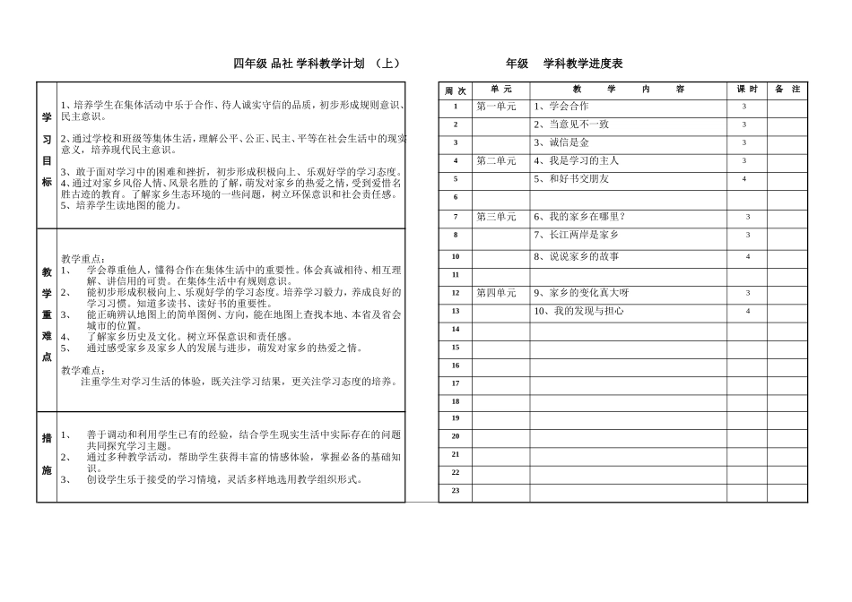 鄂教版四上品社教学计划(1)_第1页