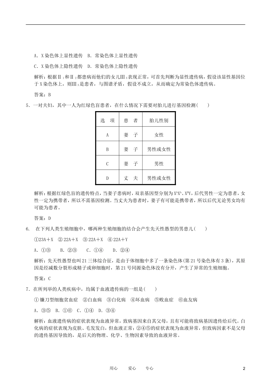 2012届高三生物一轮复习-人类基因组与人类遗传病1专题训练_第2页