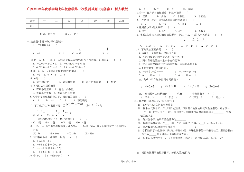 广西2012年秋季学期七年级数学第一次统测试题(无答案)-新人教版_第1页