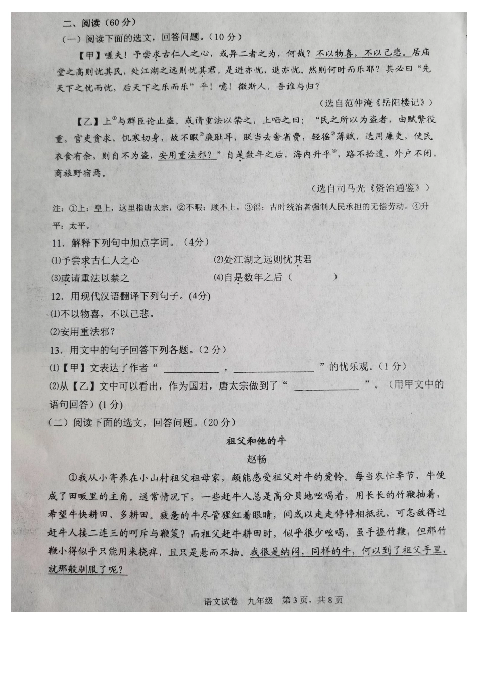 鞍山市2018-2019学年度第一学期九年级语文期末试卷(含答案)_第3页