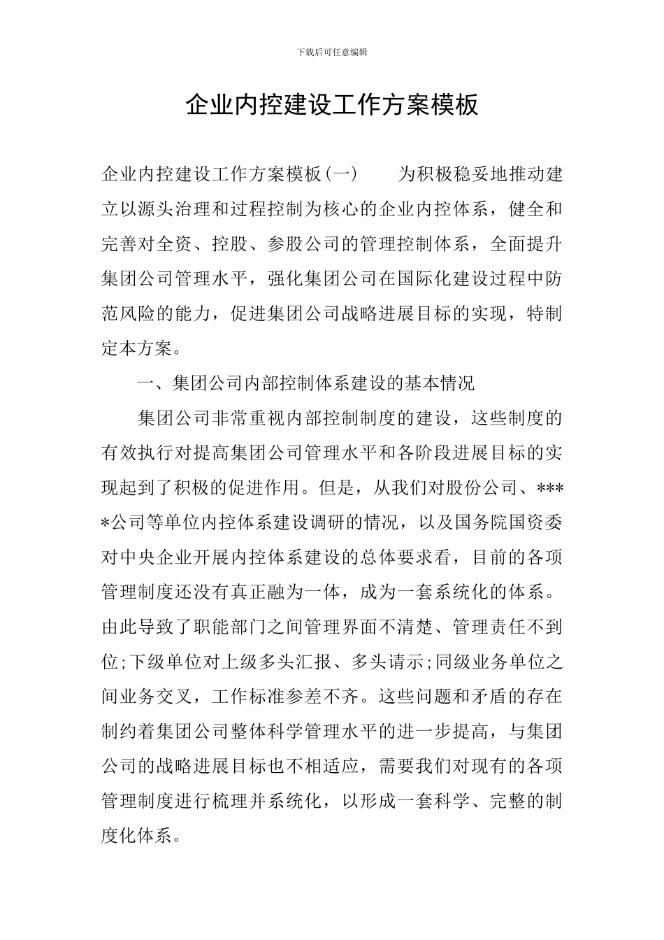 企业内控建设工作方案模板_第1页