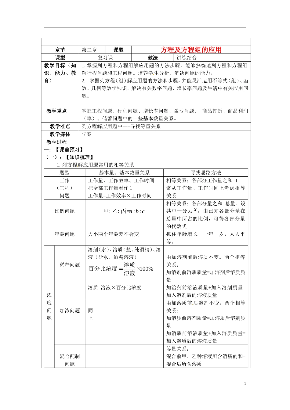 2013年中考数学-第二章《方程及方程组的应用》复习教案-新人教版_第1页
