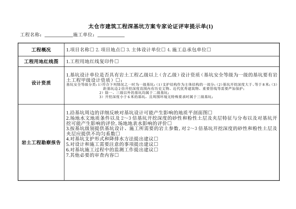 建筑工程深基坑方案专家论证评审提示单_第1页