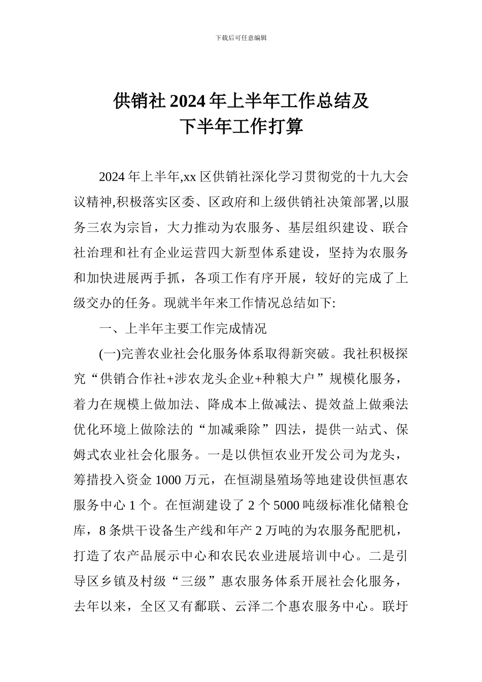 供销社2024年上半年工作总结及下半年工作打算_第1页