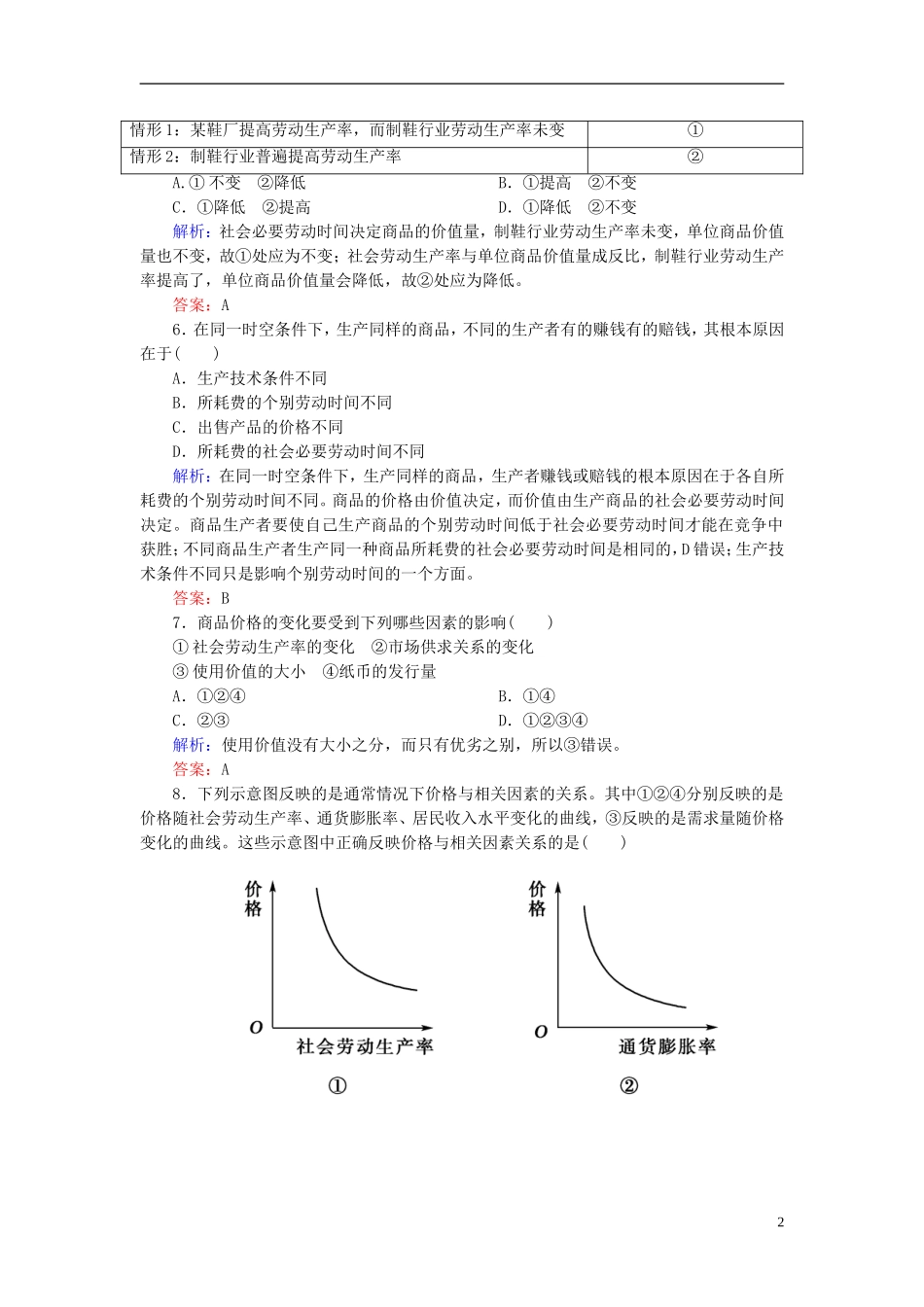 【红对勾】2013高中政治-教师用书-课时作业3-影响价格的因素-新人教版必修1_第2页
