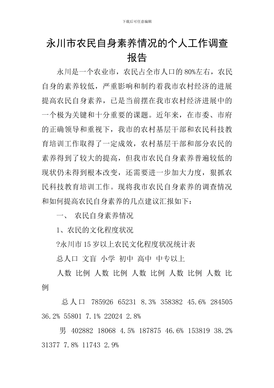 永川市农民自身素质情况的个人工作调查报告_第1页