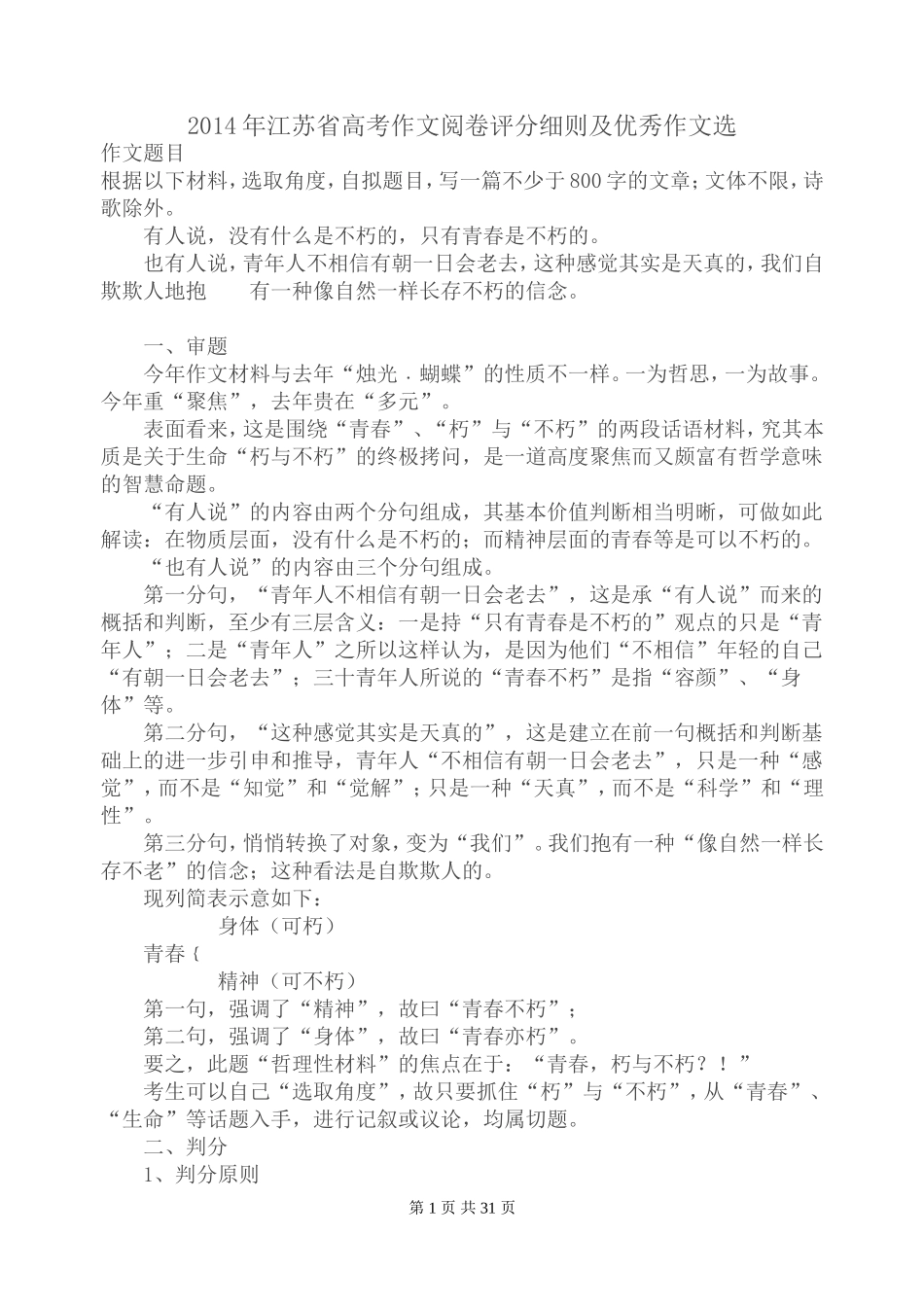 (网上集结)2014年江苏省高考作文阅卷评分细则及优秀作文选_第1页