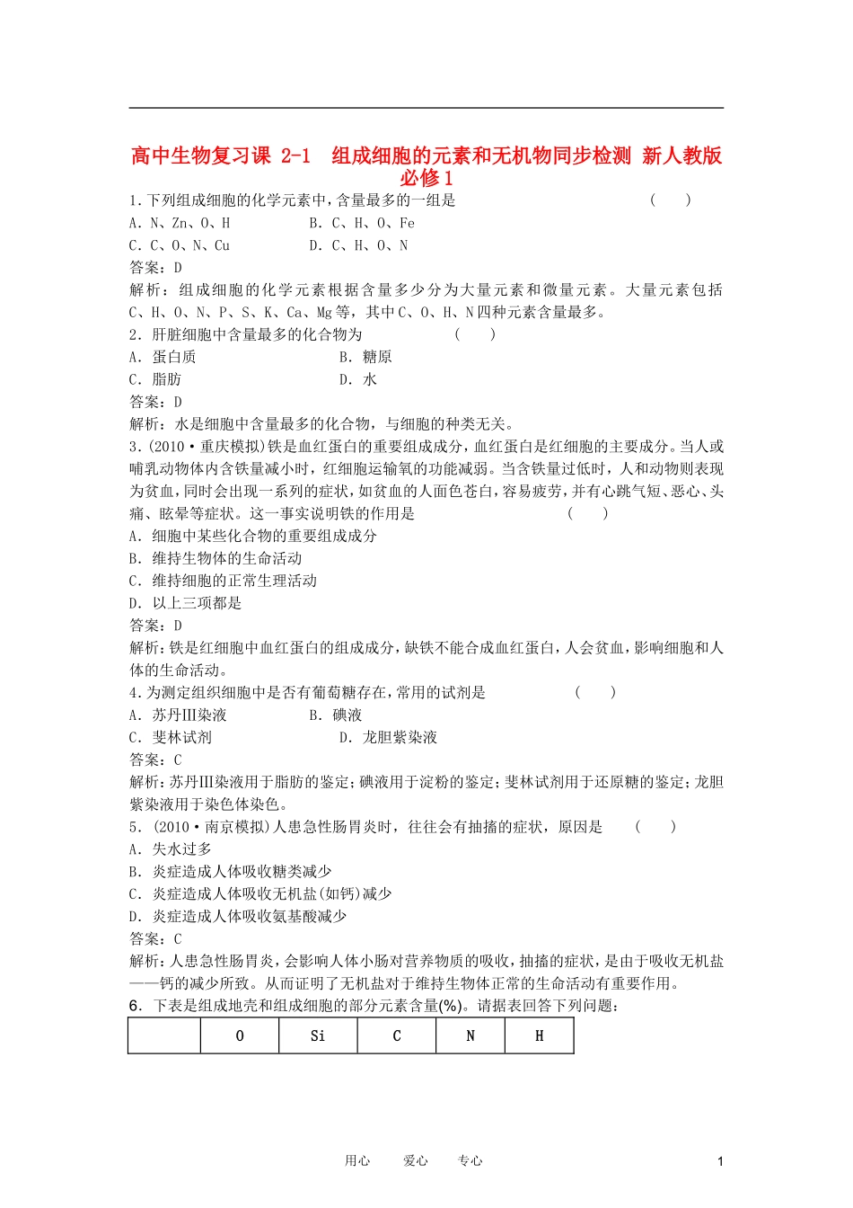 高中生物复习课-2-1--组成细胞的元素和无机物同步检测-新人教版必修1_第1页