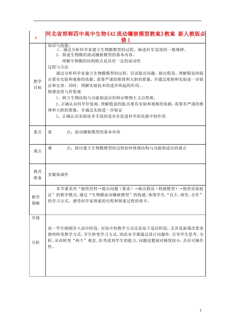 河北省邯郸四中高中生物《42流动镶嵌模型教案》教案-新人教版必修1_第1页